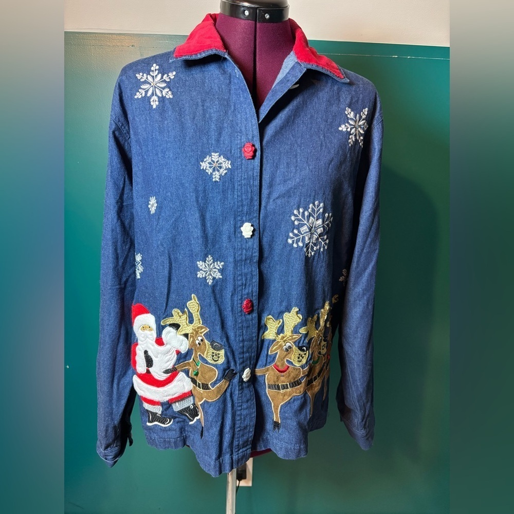 Tantrums Red and Blue Cotton Denim Button Down Shirt Christmas